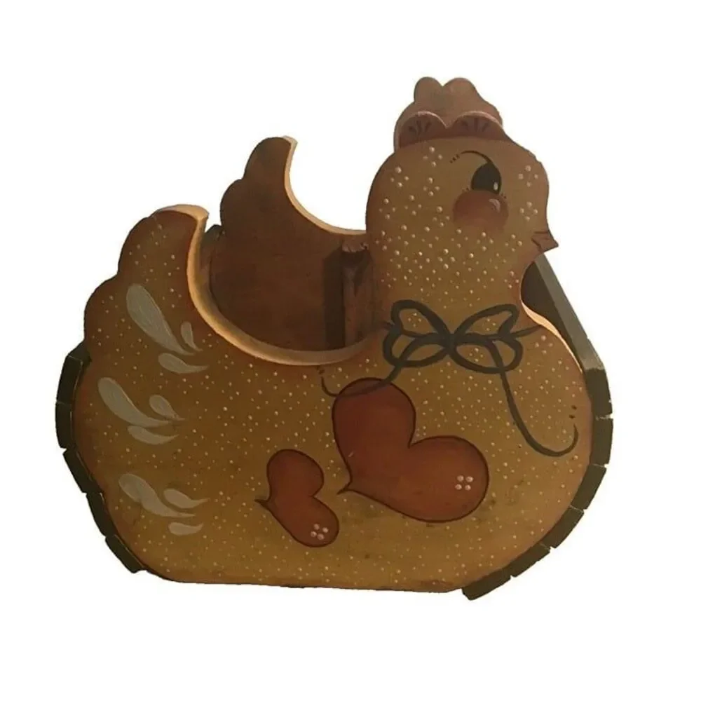 Vintage Hand Painted Wooden Chicken Napkin Letter Holder Country Folk Art Hearts